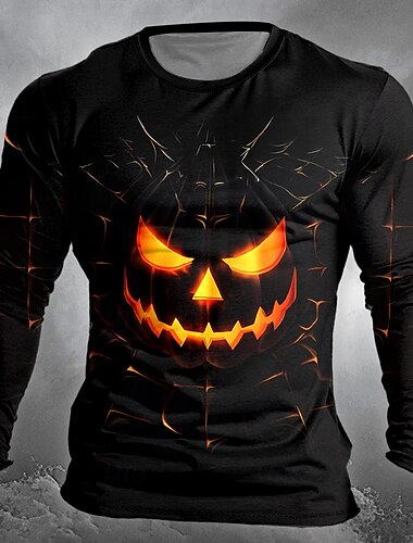  Kürbis Designer Retro Vintage Herren 3D-Druck T Shirt Strasse Casual Täglich Halloween T-Shirt Schwarz Langarm Rundhalsausschnitt Hemd Sommer Frühling Herbst Bekleidung S M L XL XXL XXXL