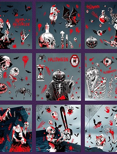  9 Sheets Halloween Window Cling Sticker Decals Decorations Double Side, Clown Grim Reaper Spider Pumpkin Ghost Skeleton Static Stickers for Glass and Halloween Party Supplies