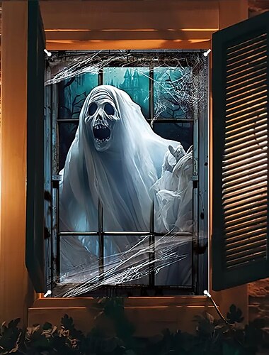  Halloween Window Cover Decorations, Fabric Witches Creepy Halloween Curtain Horror Movie Poster Window Door Covering Decor for Haunted House, Scary Halloween Window Clings Decals Indoor Outdoor