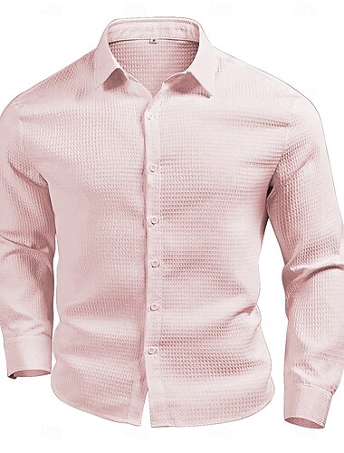  Hombre Camisa de gofres Camisa de verano Camisa casual Camisa de punto gofrado Blanco Verde Claro Rosa Gris Oscuro Albaricoque Manga Larga Moda Color sólido/liso Cuello Vuelto Vacaciones Festivos Ropa
