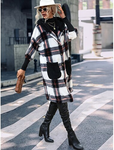  Dames Teddy jas Jas Houd Warm Zak Modieus Casual Ruitjes Werk Straat Enkele rij knopen Revers Ruim Passend Lange mouw bovenkleding Zwart Herfst Winter
