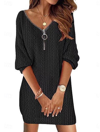  Damen Schlichtes Kleid Minikleid Zip Vintage Brautkleider schlicht V Ausschnitt Langarm Schwarz Weiß Rosa Farbe