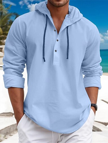  Homens Camisa Social camisa de linho Camisa de chita camisa de verão Roupa de Praia Tecido Férias Curise Branco Azul Marron Verde Manga Longa Com Capuz Primavera Verão Roupa