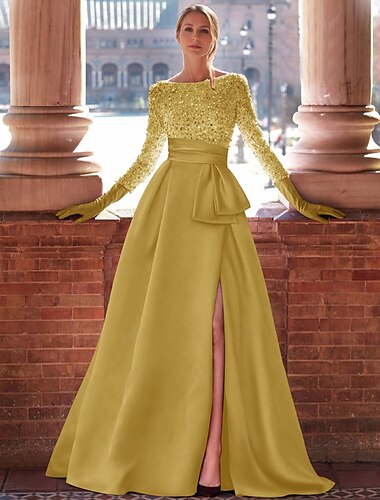  A-Linie Abendkleid Elegantes Kleid Formal Bodenlänge Lange Ärmel Juwelenausschnitt Satin mit Glitter Schlitz 2025