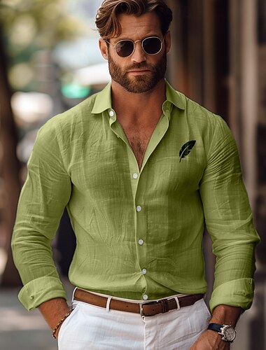  Homme Chemise Lin Feuille Extérieur Vacances Blanche Rose Claire Vert Gris manche longue Col Printemps & Automne Vêtement Tenue Boutonner