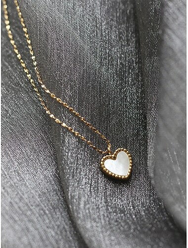  Collar con colgante de corazón de acero titanio para mujer con incrustaciones de concha - cadena ajustable - ligero