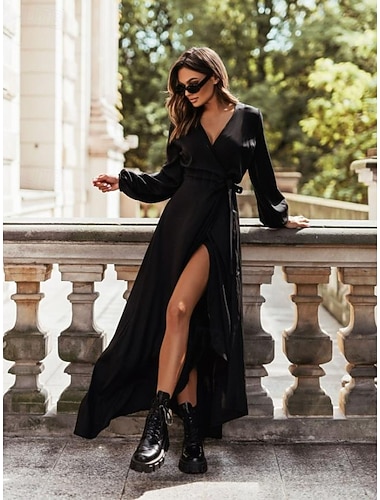  Damen Maxikleid schwarzes kleid Cocktailkleid Abendkleid Einfarbiges Kleid Lässig Straße Date Lässiger Schnitt Einfach Langarm V Ausschnitt Schwarz Weiß Rosa Braun Frühling Herbst