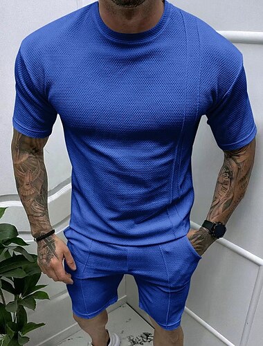  Herren T-Shirt Anzüge 2-teiliges Outfit T-Shirt und Shorts Kurzarm Rundhalsausschnitt Sommer Einfach Mode Lässig 2 teilig Urlaub Alltagskleidung Ausgehen Schwarz Weiß Königliches Blau Top T-Shirt für