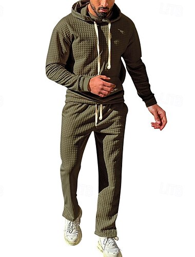 Herren Hoodie Sweatshirt Kapuze Trainingsanzug Jogginganzug Schwarz Weiß Armeegrün Khaki Dunkelgray Mit Kapuze Glatt Kordelzug 2 teilig Vordertasche Sport & Natur Täglich Festtage Strassenmode Basic