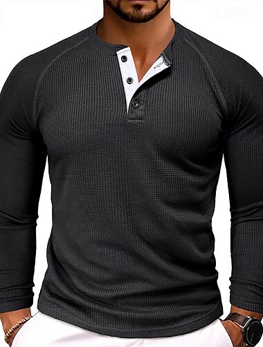 Herren T-Shirt mit Knöpfen T Shirt Henley Hemd T-Shirt Langarm Henley Frühling & Herbst Einfach Mode Designer Basic Urlaub Straße Ausgehen Dunkelbraun Schwarz Weiß Top T-Shirt für Herren