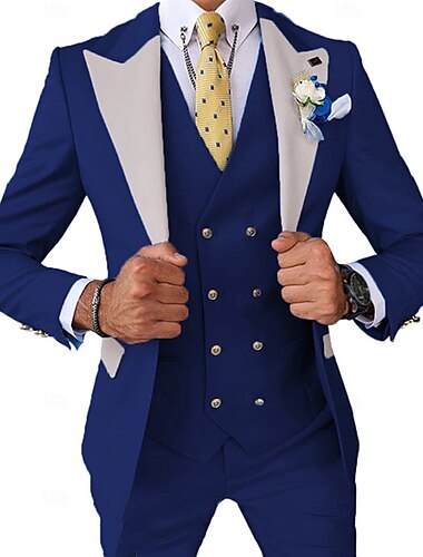  Trajes de bodas para hombres Trajes de regreso a casa Amarillo Azul Real Sólido Ajuste estándar de 3 piezas de un solo botón