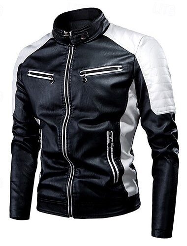  Herren Kunstlederjacke übergangsjacke Bikerjacke Rennlederjacke Urlaub Täglich Winddicht Warm Patchwork Herbst Winter Farbblock Mode Klassisch Stehkragen Regulär Schwarz Weiß Rot Braun Jacken