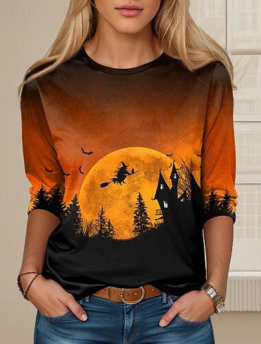  Női póló hosszú ujjú kerek nyakú hosszú tunika Halloween napi laza narancssárga tavasz ősz előtavasz