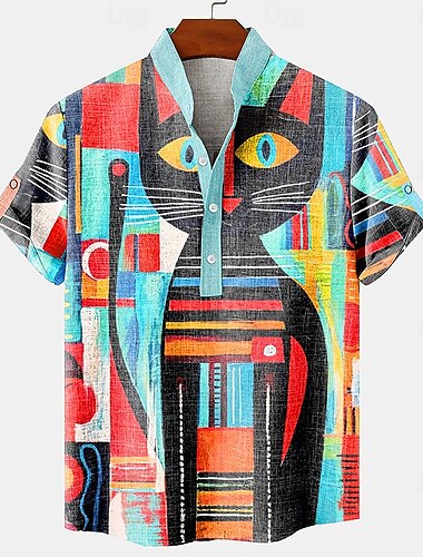  Hombre camisa de lino Henley Shirt camisas retras camisa de la vendimia Camisa étnica Vacaciones Uso Diario Amarillo Azul Piscina Manga Corta Collar mandarín Verano Primavera Ropa Botones