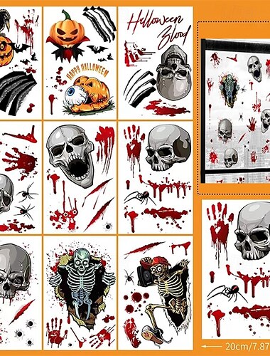  Halloween-Blutaufkleber – Wandaufkleber mit blutigen Fingerabdrücken, Fußabdrücken, Skeletten und Kürbissen, kleine statische Hintergrunddekoration für die Halloween-Party.