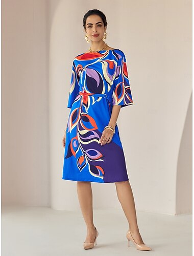  lockeres, floral bedrucktes Herbst-Rundhalskleid in Knielänge für den Alltag