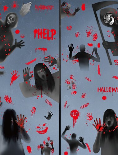  6 Sheets Halloween Window Cling Sticker Decals Decorations Double Side, Bloody Handprint Static Stickers for Halloween Party, Store Window Ghost Shadow Horror Decals