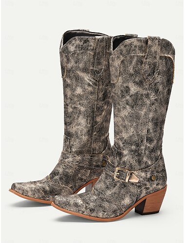  Damen-Western-Cowboystiefel im Vintage-Stil – Used-Metallic-Finish mit dekorativer Schnalle und Schichtabsatz, perfekt für den Country-Stil und Festivals