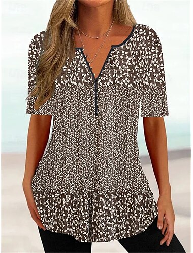  Damen T Shirt Henley Shirt Blumen Farbverläufe Tuniken Basic Kurzarm V Ausschnitt Normale Oberteile Casual Wochenende Bedruckt Schwarz Blau Khaki