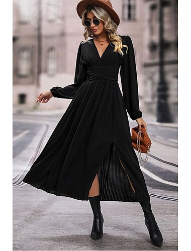  robe noire Femme Robe Maxi Couleur unie Rétro Vintage Mode du quotidien Ruché manche longue Col V Robe Ample Noir Printemps Automne S M L XL