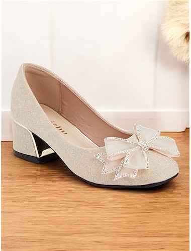  Zapatos de tacón de bloque con purpurina dorada para mujer con decoración de lazo: elegantes zapatos de fiesta y noche