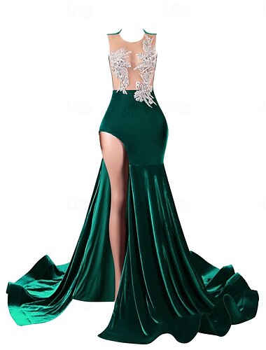  Rochie de seară sirenă elegantă pentru petrecere angajament tren curte fără mâneci guler de bijuterii din catifea cu aplicații