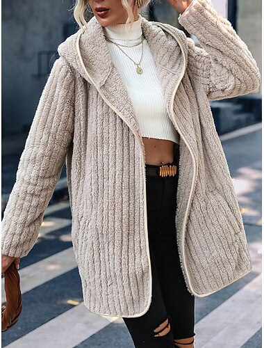  Dames Sherpa jas Teddy jas Houd Warm Vetoketju Zak Modieus Casual Effen Werk Open voorzijde Strijkijzer Ruim Passend Lange mouw bovenkleding Zwart Rood Grijs Herfst Winter