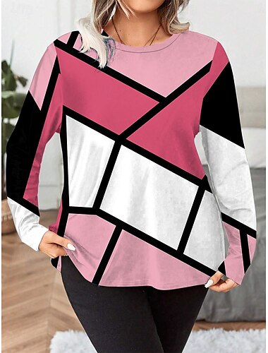  Damen-T-Shirt in Übergröße mit geometrischem Aufdruck, langärmelig, Rundhalsausschnitt, lässig, für den Alltag, Herbst/Winter, Rosa/Blau