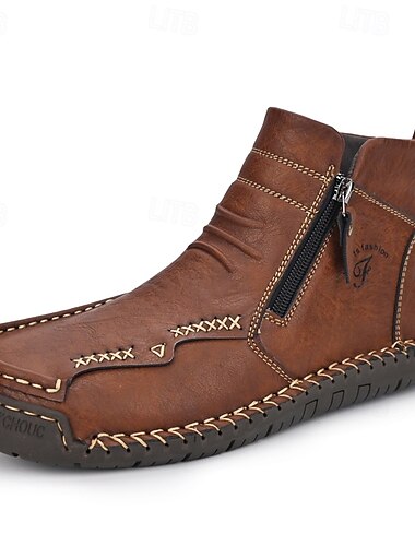  Stilvolle braune Stiefeletten mit Reißverschluss aus Kunstleder für Herren – robustes Outdoor-Schuhwerk mit handgefertigten Details