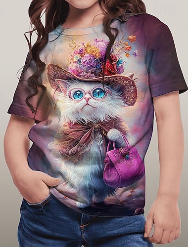  Chica 3D Graphic Animal Gato Camiseta Manga Corta Verano Primavera Moda Básico Niños 4-12 años Cuello Barco Exterior Casual Diario Ajuste regular