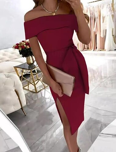  Damen Midikleid schwarzes kleid Abschlusskleid Einfarbiges Kleid Lässig Straße Date Normale Passform Einfach Kurzarm Schulterfrei Schwarz Rosa Rote Sommer Frühling