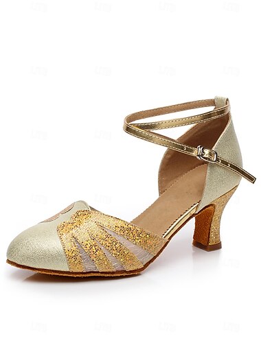  Damen-Tanzschuhe aus blauem Glitzersatin mit Kreuzriemen und Mesh-Design, bequemer Absatz für lateinamerikanischen und Gesellschaftstanz