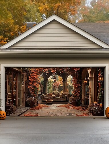  Halloween Türdekorationen Außen Garage Türabdeckung Kürbisfeld Banner Gruselige Wald große Hintergrunddekoration für Feiertage Außen Garage Tür Wohnwanddekorationen
