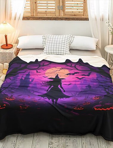  Halloween-Deko-Überwurfdecke mit Hexe – weicher und gemütlicher Fleece mit bezauberndem Hexendesign – perfekt, um Ihrer Heimdekoration eine gruselige Note zu verleihen – hochwertiger und langlebiger Stoff