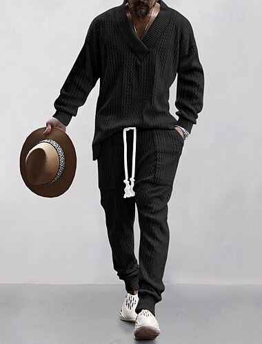  Herren Glatt Einfache Sweatshirts Sweatshirt Pullover Trainingsanzug Jogginganzug Langarm Sweatshirt V Ausschnitt Strassenmode Basic Brautkleider schlicht Sport & Natur Täglich Festtage 2 teilig