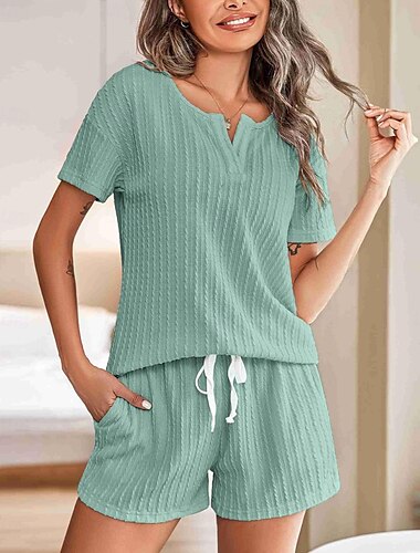  Set de pijamale de damă de culoare pură casual confort acasă zilnic spandex confort v sârmă pantaloni cu mânecă scurtă talie elastică ținute de vară acasă