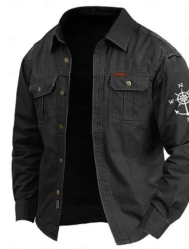  Herren Nautisch Kompass Hemd Westernhemd Cargo-Shirt Langarm Brautkleider schlicht Taktisch Sport & Natur Ausgehen Winter Frühling & Herbst Umlegekragen Bedruckt Schwarz Armeegrün Blau Khaki