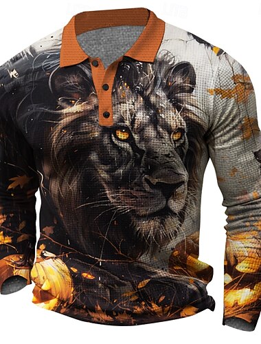  Löwe Herren Waffel-Poloshirt Golfpolo Langarm Partyabend Alltagskleidung Urlaub Frühling Herbst Winter Taste 3D-Druck Kragen Orange Mikro-elastisch Polyester