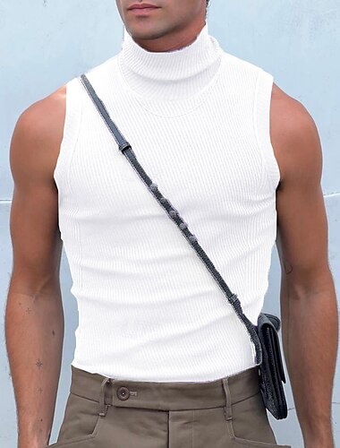  Per uomo Maglietta Canotta Maglia a collo alto Senza Maniche Dolcevita Estate Tinta unica Striscia di Fossa Moda Designer Muscolo A coste All'aperto Abbigliamento Quotidiano Nero Bianco Maglietta Top