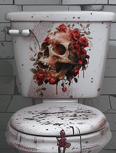  Calcomanía para asiento de inodoro de Halloween con diseño de calavera rosa, pegatina de PVC para tapa de inodoro de baño, decoración autoadhesiva para pared e inodoro de Halloween