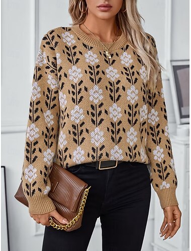  Femme Pull Chandail Décontractées Floral Graphic Col Ras du Cou Col ras du cou manche longue Hauts longs Tricoter Travail Kaki Automne Hiver