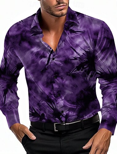  Herren Satinhemd Knopfhemd Batik Urlaub Party-Abendgarderobe Schwarz Blau Purpur Langarm Hemden mit Kragen Sommer Frühling Bekleidung Knopf hoch