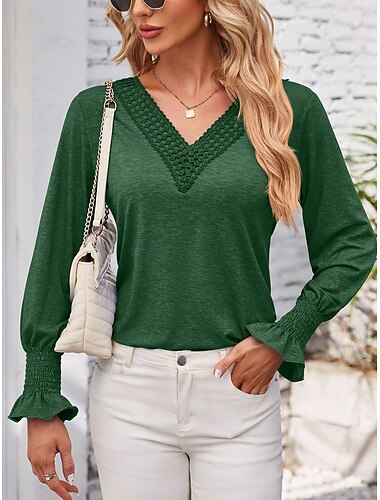  Women's Tunic Elegant Solid Color Lace Butterfly Sleeve Long Sleeve Regular Tops V Neck Daily Pink Blue Green Khaki Spring Fall
