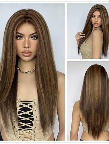 Synthetische Spitzeperücke Glatt Stil 24 Zoll Braun mit goldenen Highlights Mittelteil 13 x 5 x 1 Spitzenfront Perücke Damen Perücke Goldbraun mit Blond