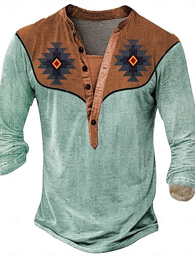  Męskie Aztek Kowboj Podkoszulek Koszula Henley Długi rękaw Druk 3D Designerskie Retro / vintage styl zachodni Ulica Codzienny Lato Wiosna Jesień Czarny Brązowy Zielony Szary Henley Koszulka Henley