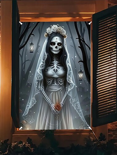  Halloween-Fensterverkleidung, Stoffvorhang mit Geisterbraut, gruseliger Halloween-Vorhang, Horrorfilm-Poster, Fenster-/Türverkleidung, Deko für Spukhaus, gruselige Halloween-Fensteraufkleber für