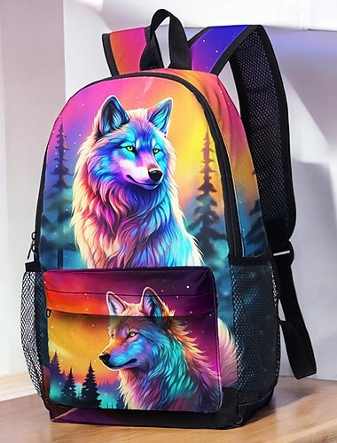  sac à dos grande capacité imprimé loup - polyester résistant, 2 motifs, idéal pour l'école, les voyages et un usage quotidien