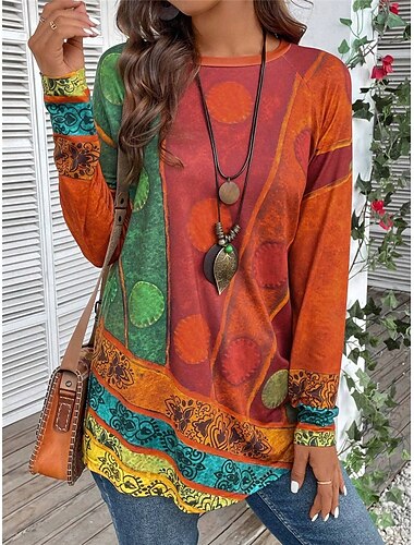  dames t-shirt vintage etnisch casual print lange mouwen lange tops ronde hals dagelijks rood paars groen herfst winter