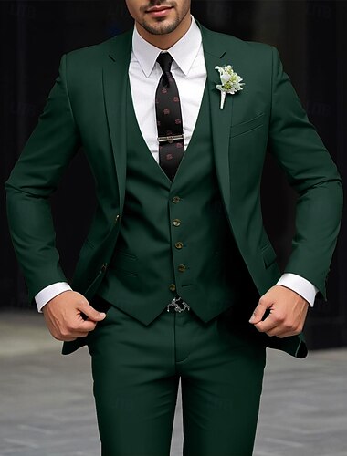  A bărbaților Nuntă nuntă de iarnă Costume Cresătură Rever Clasic Salvie Verde Închis Petrecere Rochii Mată Fit adaptat Set 3 piese Un singur rând doi nasturi