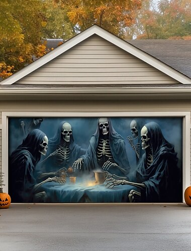  Halloween-Türdekorationen für draußen, Halloween-Garagentorabdeckung, Skelett-Banner, großer Wandteppich, Hintergrunddekoration für den Urlaub, Garagentor für draußen, Wanddekoration für Zuhause